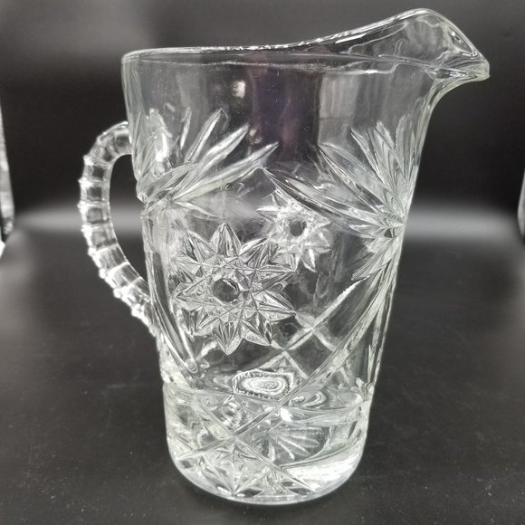 Vintage Clear Water Tea Drink Pitcher Floral Pressed Glass 8.50" Ribbed Handle - Picture 8 of 14